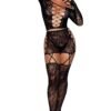 LuckeLadybug model wearing midnight stars lace bodystocking black lace crisscross front garter