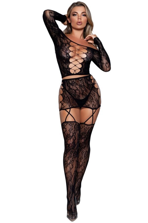 Midnight Stars Lace Bodystocking Sheer 6 Midnight Stars Lace Bodystocking Sheer LuckeLadybug model wearing midnight stars lace bodystocking black lace crisscross front garter
