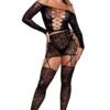 Midnight Stars Lace Bodystocking Sheer 7 Midnight Stars Lace Bodystocking Sheer Model wearing midnight stars lace bodystocking black off shoulder long sleeve lace garter style