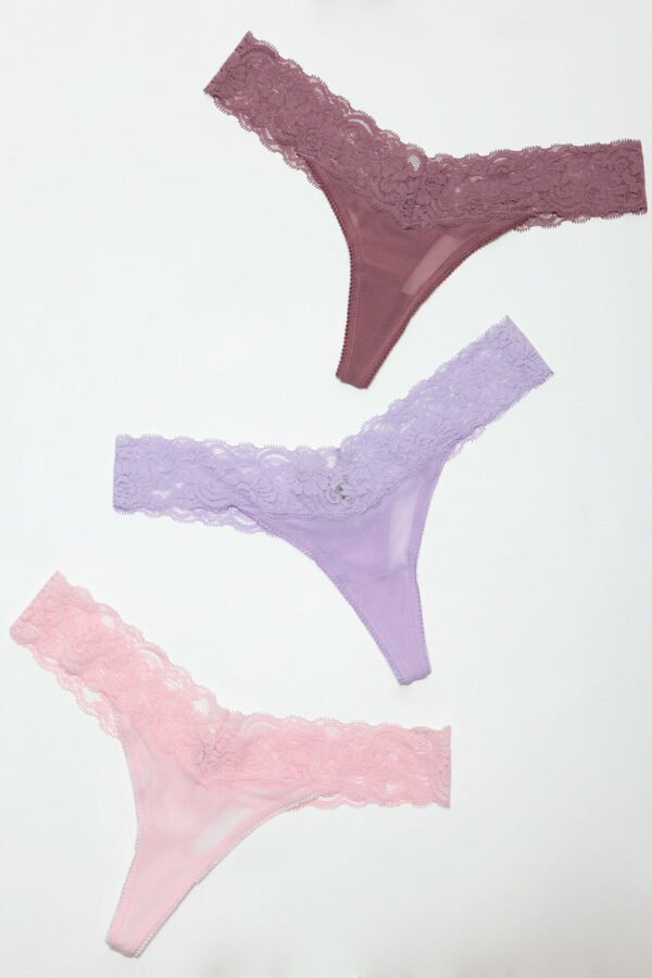 Womens Lace Thong Panties Pack 3 Pack 5 Womens Lace Thong Panties Pack 3 Pack LuckeLadybug LLC women's lace thong panties pack in mauve purple and pink lace thongs on white background