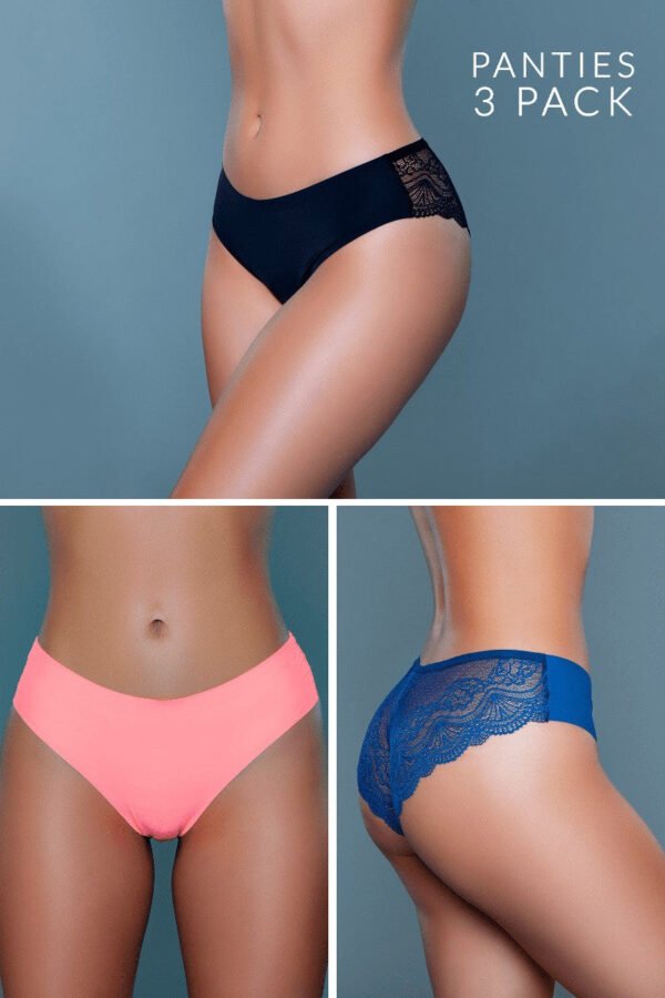 3-Pack Lace Trim Women'S Cheeky Panty Pack 6 3-Pack Lace Trim Women'S Cheeky Panty Pack LuckeLadybug women's cheeky panty pack three assorted colors navy coral and blue with lace showing front and back views