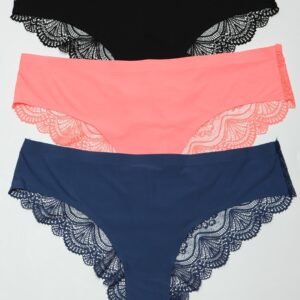 LuckeLadybug women's cheeky panty pack three lace trim panties in black coral and navy