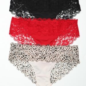 LuckeLadybug women's lace bikini panties pack three scalloped lace bikini panties in black red and leopard print