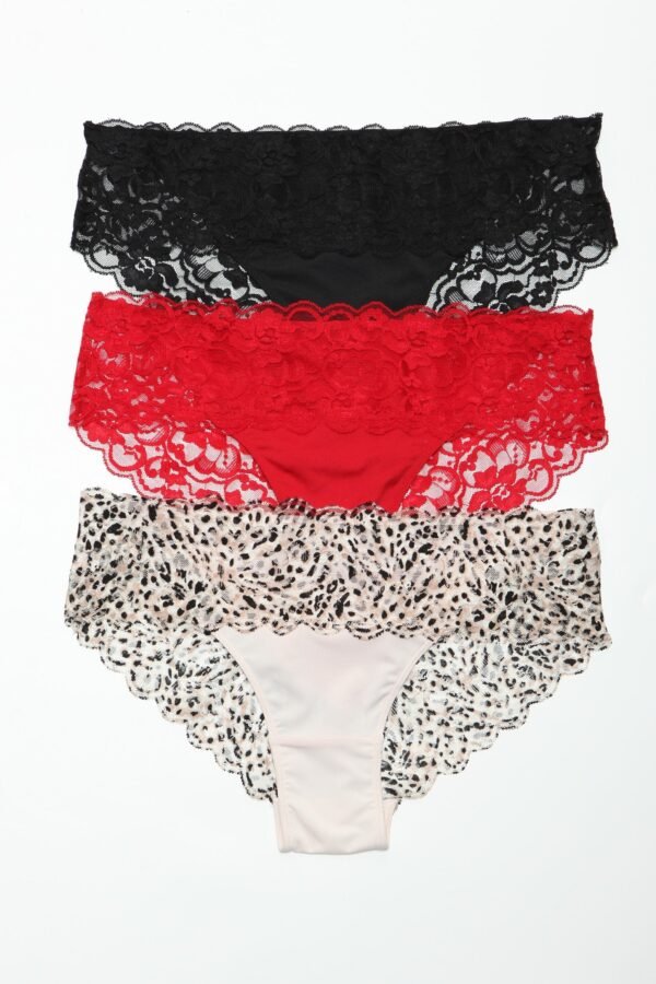 Womens Lace Bikini Panties Pack 3pc 5 Womens Lace Bikini Panties Pack 3pc LuckeLadybug women's lace bikini panties pack three scalloped lace bikini panties in black red and leopard print
