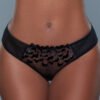Black Floral Sheer Lace Bikini Underwear 8 Black Floral Sheer Lace Bikini Underwear LuckeLadybug LLC black sheer lace bikini underwear with floral velvet embroidery on model torso