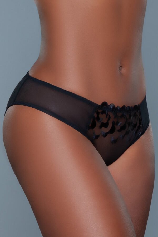 LuckeLadybug LLC black sheer lace bikini underwear with mesh sides and velvet floral appliques