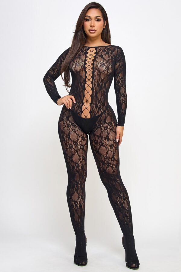 Black lace bodystocking for women full length long sleeve with crisscross front and sheer floral pattern