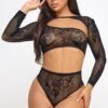 Rose Bodystocking Set Black Floral Lace 23 Rose Bodystocking Set Black Floral Lace LuckeLadybug LLC black sheer lace rose bodystocking set with long sleeves crop top and high waist floral panty