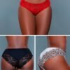 LuckeLadybug LLC women's lace bikini panties pack showing three colors red black and leopard lace bikini bottoms