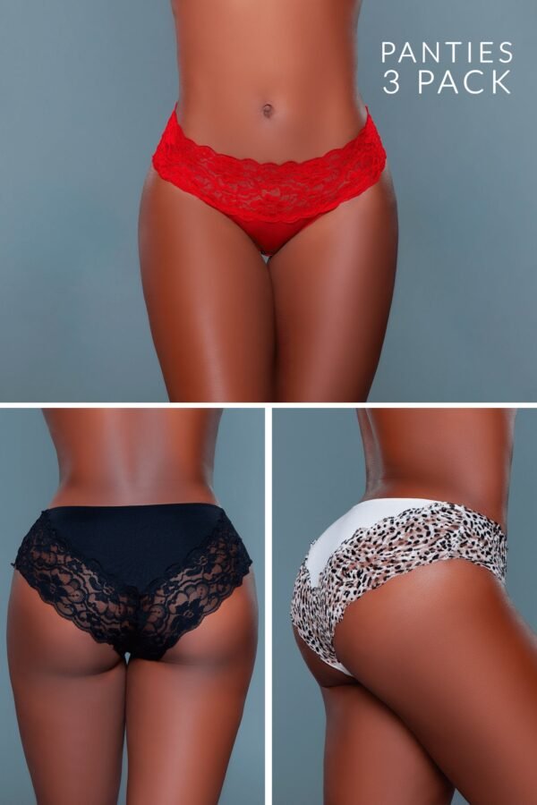 Womens Lace Bikini Panties Pack 3pc 6 Womens Lace Bikini Panties Pack 3pc LuckeLadybug LLC women's lace bikini panties pack showing three colors red black and leopard lace bikini bottoms