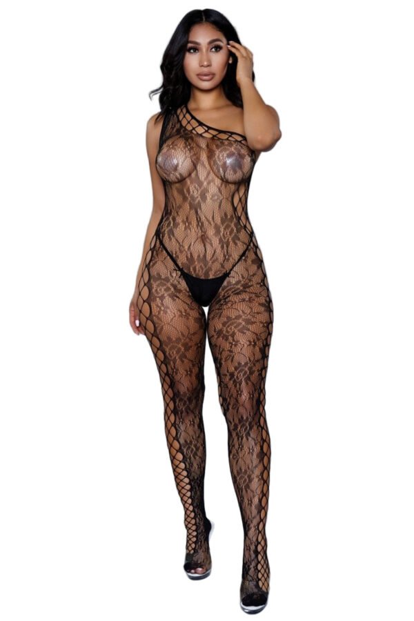 Sheer Black Lace Bodystocking Lingerie 5 Sheer Black Lace Bodystocking Lingerie LuckeLadybug lace bodystocking lingerie black sheer floral full body open bust design