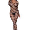 LuckeLadybug LLC black web pattern bodystocking off shoulder long sleeve full body fishnet with black briefs and heels
