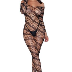 LuckeLadybug LLC black web pattern bodystocking off shoulder long sleeve full body fishnet with black briefs and heels