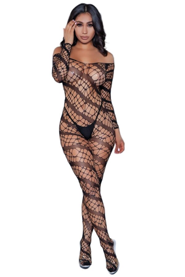 Black Off-Shoulder Web Pattern Bodystocking 5 Black Off-Shoulder Web Pattern Bodystocking LuckeLadybug LLC black web pattern bodystocking off shoulder long sleeve full body fishnet with black briefs and heels
