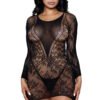 LuckeLadybug black lace bodystocking dress long sleeve sheer floral lace mini lingerie perfect for intimate nights
