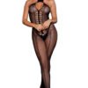 LuckeLadybug LLC black halter fishnet bodystocking with front cutout and lace detail sexy bodystocking for women