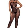 LuckeLadybug LLC black lace bodystocking full body sheer floral lace with chest cutout and adjustable straps