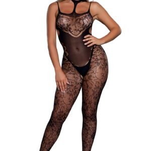 LuckeLadybug LLC black lace bodystocking full body sheer floral lace with chest cutout and adjustable straps