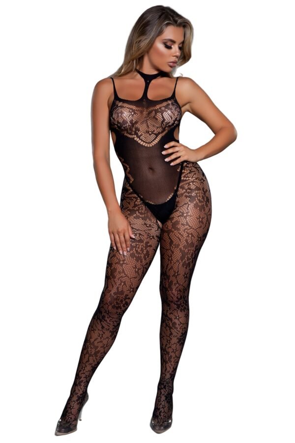 LuckeLadybug LLC black lace bodystocking full body sheer floral lace with chest cutout and adjustable straps