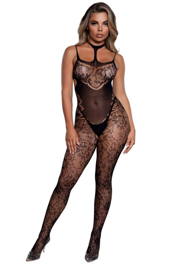 LuckeLadybug LLC model wearing black lace bodystocking full body floral mesh design with keyhole detail