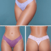 LuckeLadybug LLC women's lace thong panties pack three pastel purple lace thongs shown front and back on model
