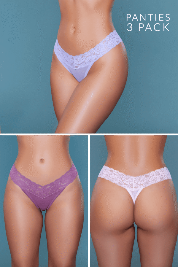 Womens Lace Thong Panties Pack 3 Pack 6 Womens Lace Thong Panties Pack 3 Pack LuckeLadybug LLC women's lace thong panties pack three pastel purple lace thongs shown front and back on model