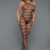 One Shoulder Bodystocking Fishnet Cutout 49 One Shoulder Bodystocking Fishnet Cutout LuckeLadybug model wearing black fishnet one shoulder bodystocking with side cutouts and black heels