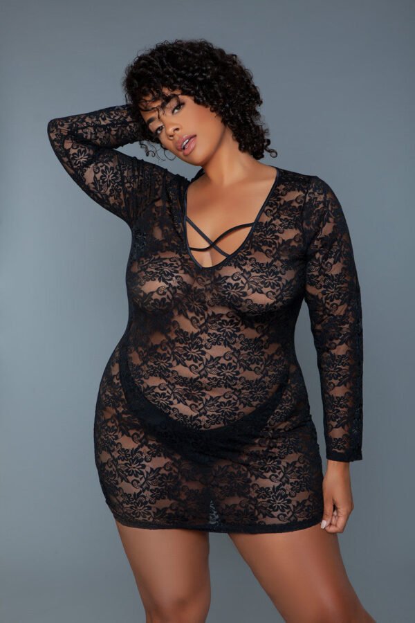 Black Sheer Chemise Dress Lace Long Sleeve 9 Black Sheer Chemise Dress Lace Long Sleeve LuckeLadybug LLC black sheer chemise dress long sleeve lace bodycon with crisscross neckline on plus size model