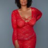 LuckeLadybug LLC model in red lace sheer chemise dress on gray background also available as black sheer chemise dress