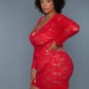 Plus size model wearing red lace chemise dress for LuckeLadybug LLC product image black sheer chemise dress
