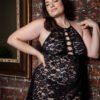 plus size lace chemise black halter style with crisscross front sheer floral lace for curves