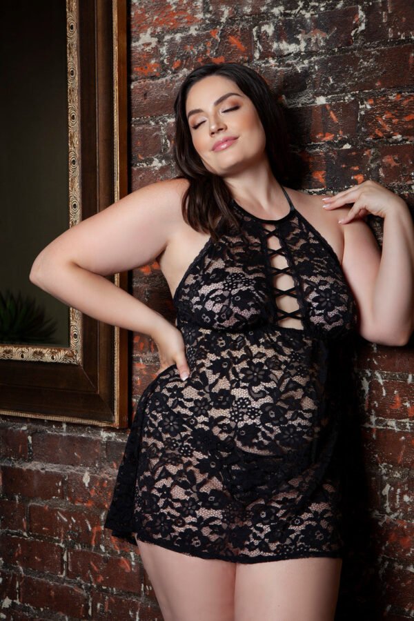 Plus Size Lace Chemise Halter 5 Plus Size Lace Chemise Halter plus size lace chemise black halter style with crisscross front sheer floral lace for curves
