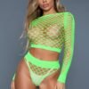 Neon green long sleeve sexy fishnet bodystocking crop top and high waist thong on model