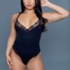 LuckeLadybug LLC black lace trim bodysuit for women on model with V neck and adjustable straps