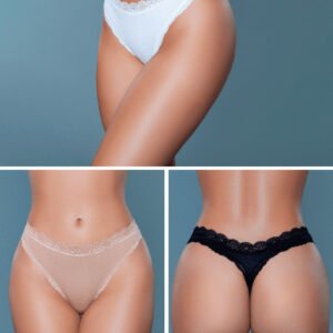 LuckeLadybug LLC women's thong underwear pack three lace thongs in white nude and black modeled front and back views