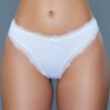 LuckeLadybug LLC white lace trim cotton thong on model showing low rise fit and soft comfort jade thong pack