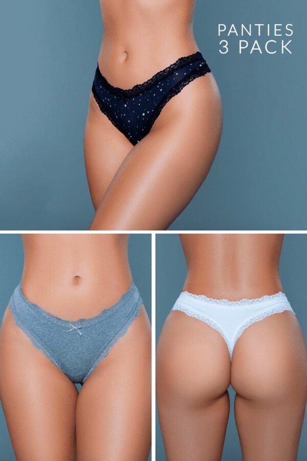Jade Thong Pack 3-Pack Lace Thongs 5 Jade Thong Pack 3-Pack Lace Thongs LuckeLadybug LLC jade thong pack three lacy low rise womens thongs navy gray white front and back views