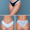 Model wearing LuckeLadybug LLC women's thong panties 3 pack in black white and gray with lace trim