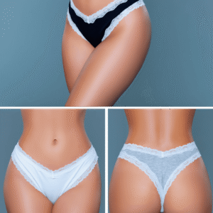 Model wearing LuckeLadybug LLC women's thong panties 3 pack in black white and gray with lace trim