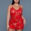 Plus size model wearing red floral sheer chemise by LuckeLadybug LLC showing fitted silhouette black lace chemise