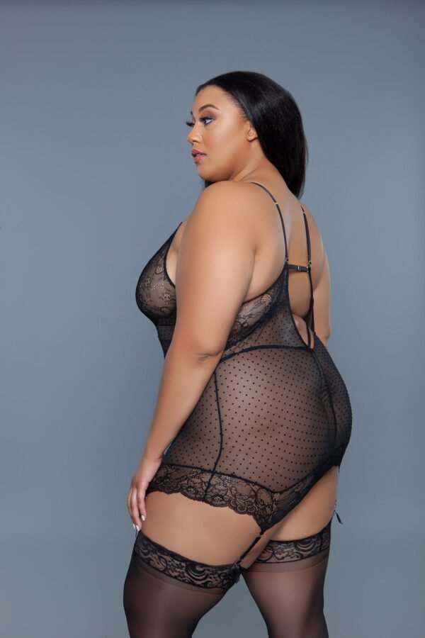 Plus Size Black Lace Chemise Set Sheer 12 Plus Size Black Lace Chemise Set Sheer Model wearing plus size black lace chemise set in sheer polka dot lace with garter straps and stockings