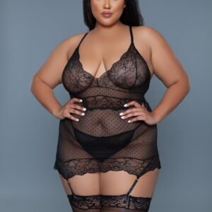 plus size black lace chemise set worn by model with sheer polka dot lace garter straps and matching thong