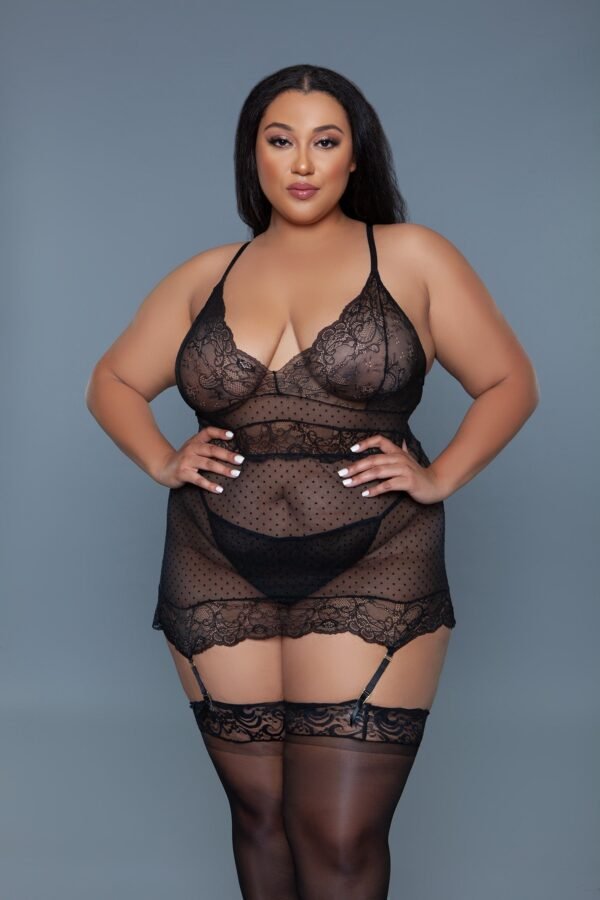Plus Size Black Lace Chemise Set Sheer 9 Plus Size Black Lace Chemise Set Sheer plus size black lace chemise set worn by model with sheer polka dot lace garter straps and matching thong