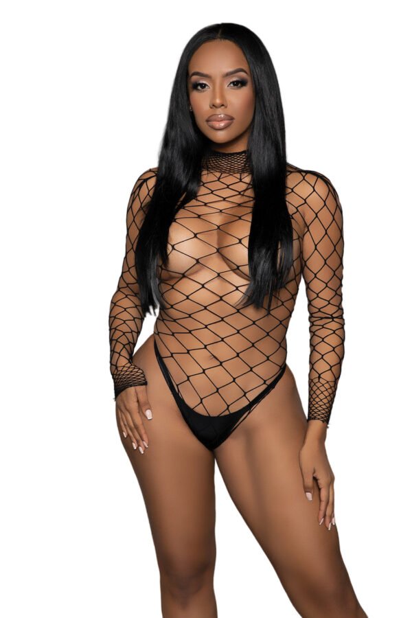 LuckeLadybug LLC model wearing black high neck long sleeve fishnet bodystocking for women styled with black thong