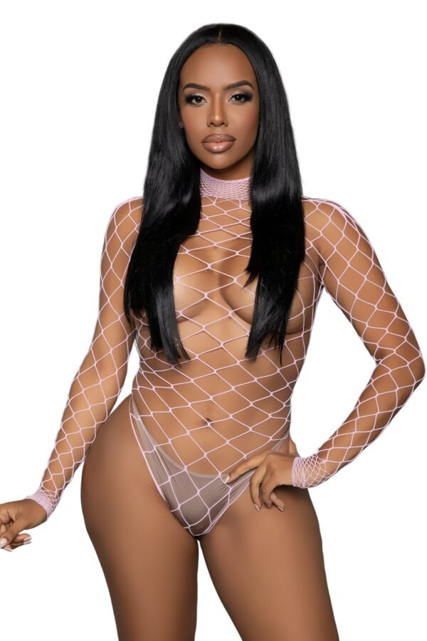 Black model wearing white diamond mesh fishnet bodystocking for women with long sleeves high neck thong cut