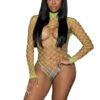 LuckeLadybug neon green fishnet bodystocking for women high neck long sleeve sheer high cut on model