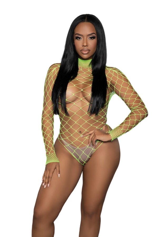 LuckeLadybug neon green fishnet bodystocking for women high neck long sleeve sheer high cut on model