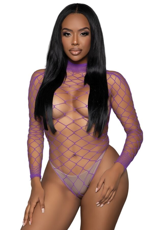 LuckeLadybug purple long sleeve fishnet bodystocking for women with high neck and thong cut