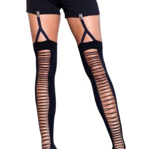 Model wearing Illusion Clip Garter Thigh Highs black ladder cutout stockings with clip garters and shorts