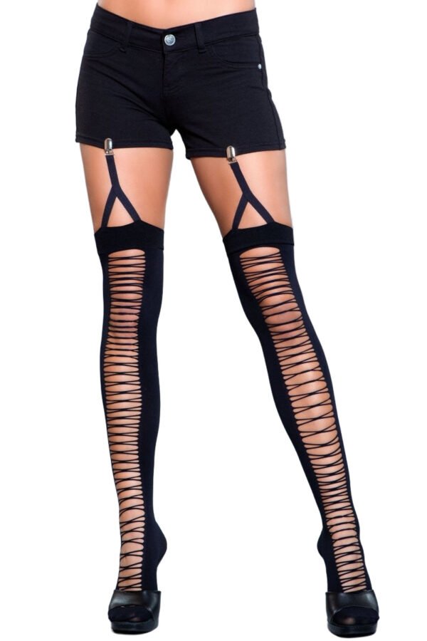 Illusion Clip Garter Thigh Highs 5 Illusion Clip Garter Thigh Highs Model wearing Illusion Clip Garter Thigh Highs black ladder cutout stockings with clip garters and shorts